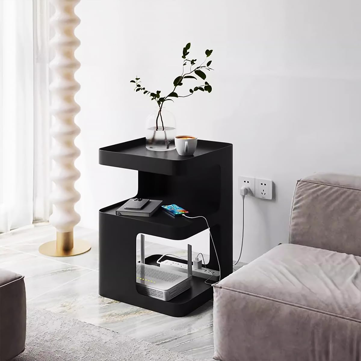 Black Side Table,Modern end Table for Sofa & Couch,3-Tier Metal nightstand,Small Bedside Table with Storage for Bedroom,Living Room,Small Space.No Assembly Required