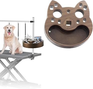 Pet Grooming Organizer for Scissors Brushes and Tools Holder - Portable Rotatable Dog Grooming Table and Arm Stand ToolsWood Grain Cat Head