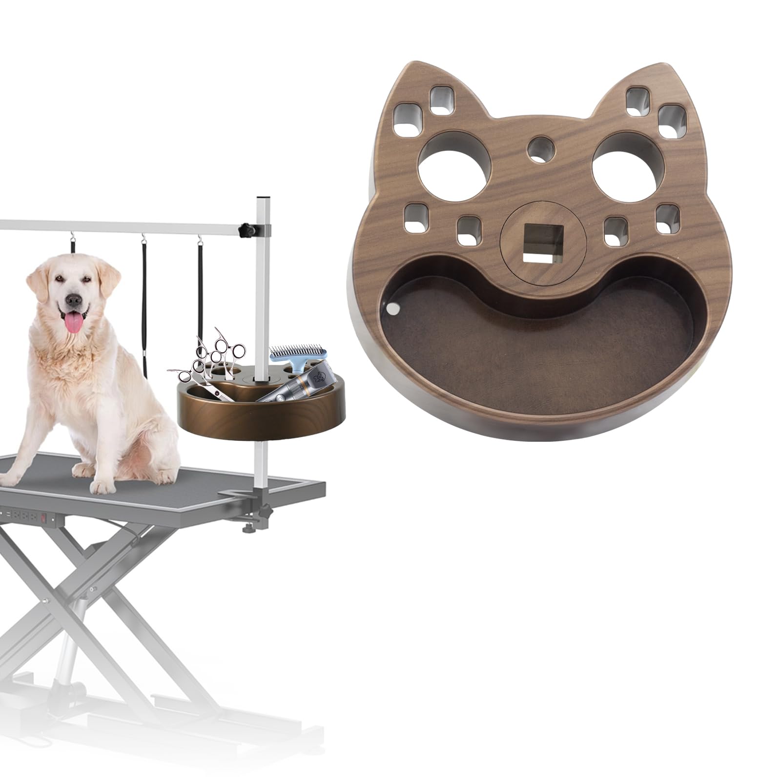 Pet Grooming Organizer for Scissors Brushes and Tools Holder - Portable Rotatable Dog Grooming Table and Arm Stand Tools(Wood Grain Cat Head)