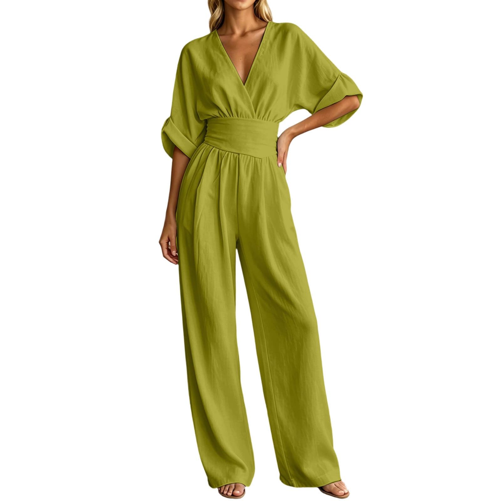 Lino Mono Mujer Elegante Media Manga Cuello en V Color Liso Moda Mujer Mono Casual Calle Glamour Monos Cintura Entallada con Bolsillo Ligera Cómodos para Fiesta Bodas Trabajo Oficina