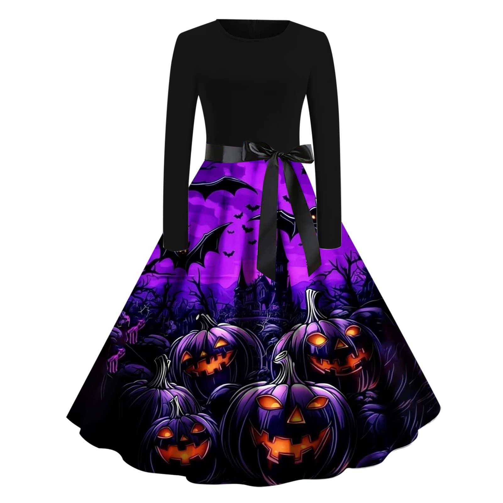 HAOLEI Halloween Costumes Adult Women, Ladies Halloween Dress Retro Pumpkin Skeleton Print Long Sleeve A Line Swing Dress Black Vintage Skull Witch Rockabilly Party Cocktail Novelty Dresses