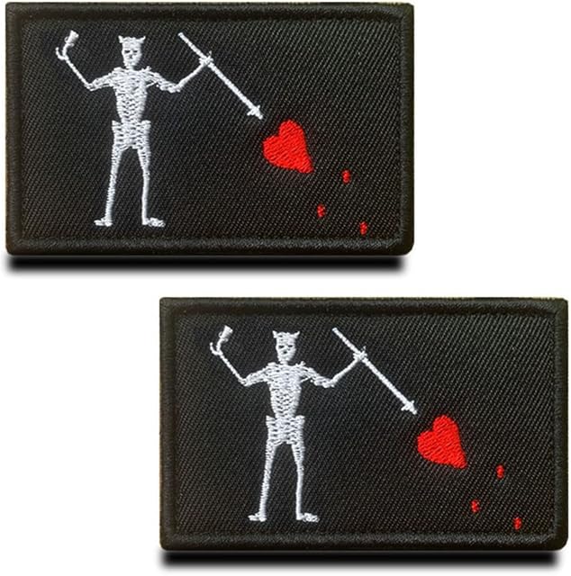 Zcketo 2 Pieces Black Beard Pirate Red Heart Military Embroidered Applique Hook & Loop Pirate Flag Emblem Patch for Attach to Clothes Jackets Jean Hat Vest Dogs Harness Collect(BBP)