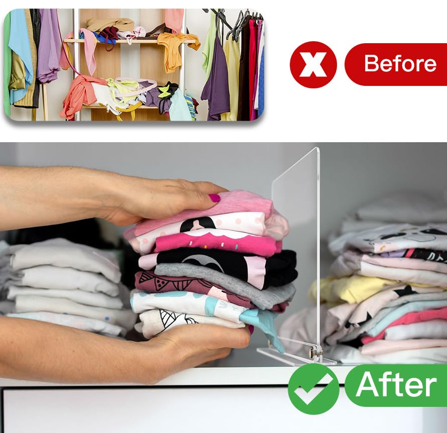 Clear Acrylic Shelf Dividers For Closets & Cabinets - 4 Pack Adjustable Organizers For Clothes, Shoes & More