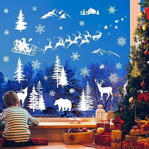 Decalmile Pegatinas de Ventana Navidad con Papá Noel, Alce, Árbol, Copo de Nieve - Vinilos Adhesivos para Pared, Puerta, Casa, Tienda - Decoración Invierno