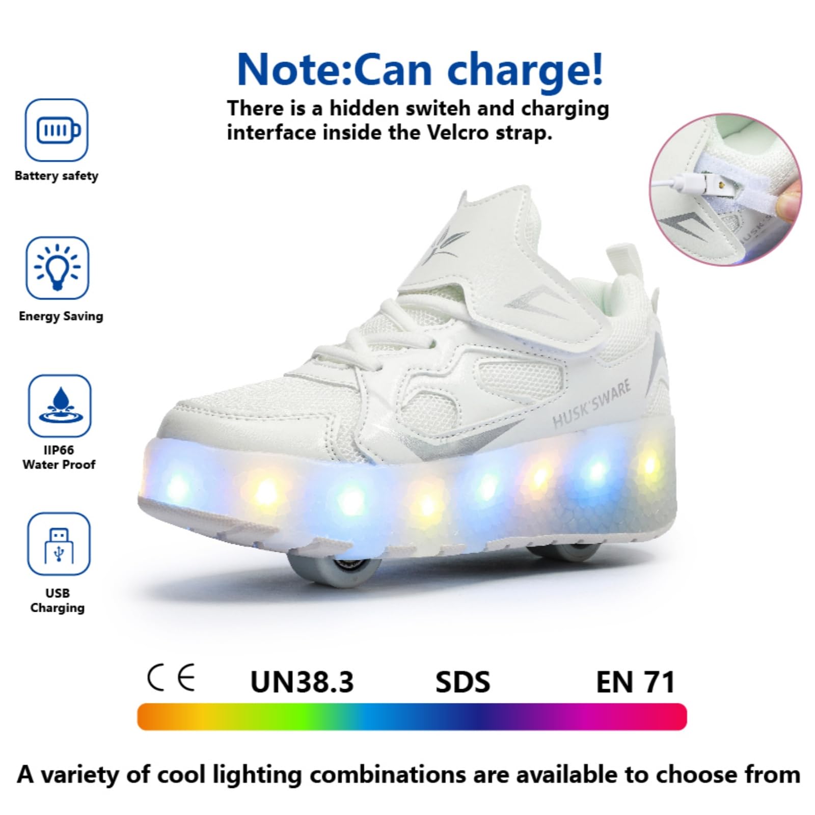 HUSKSWARE Chaussures de Skate à Deux Roues pour Enfants, avec lumière Changeante Ajustable et Recharge USB, Universel pour garçons et Filles, Noir, Rose, Or, Argent, Tailles 28 à 41 EU.