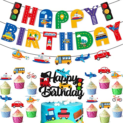 Transportation Cake Decoration Car Bus Train Plane Ship Diy Cupcake Topper Transportation Happy Birthday Banner For Kids Boy Girl Birthday Party Supplies #TOP25