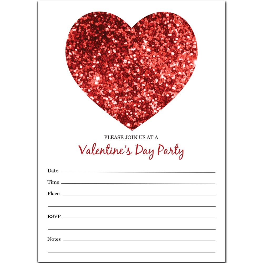 Glitter Look Heart Valentines Day Party Invitation, Set of 20 Fill-in Blank 5x7in Invites & Envelope (Uncoated cream card stock)