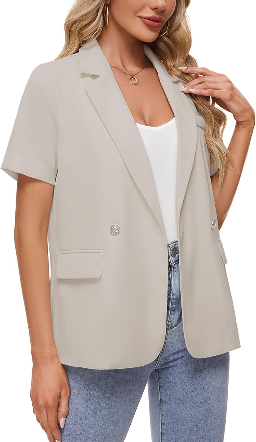 MINTLIMIT Womens Casual Blazers Notch Lapel Short Sleeve Button Front Blazer Jacket Suits Tailored Workwear,Apricot,XL - Image 5
