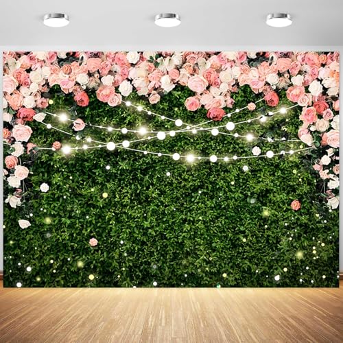 7x5ft Flower Wall Backdrop Pink Rose Floral Blossom Green Leaves Photography Background Women Girls Birthday Party Wedding Banner Decorations Portraits Supplies Photo Booth Props