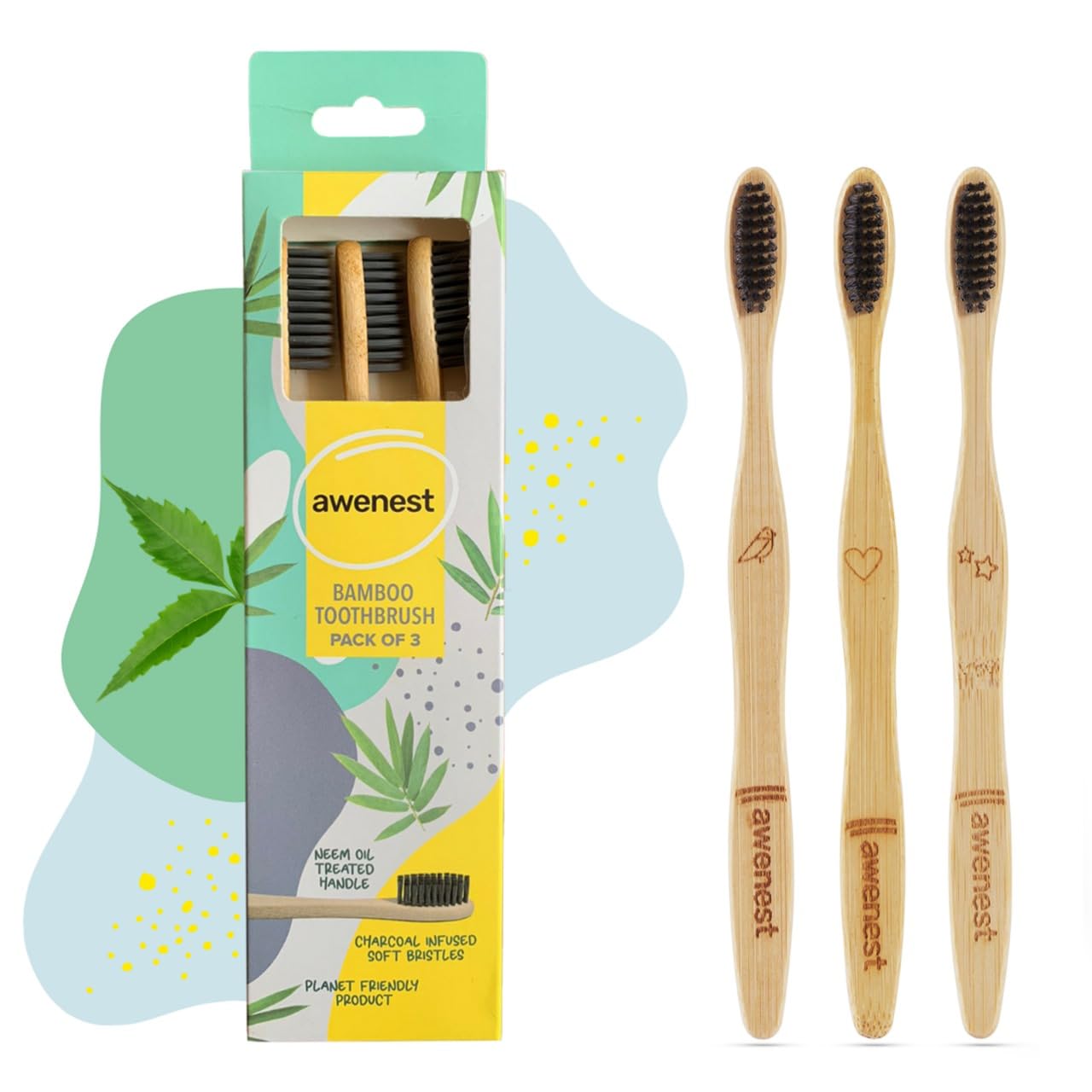 awenest Bamboo Toothbrush With Charcoal Activated Soft Bristles - Pack Of 3 | Treated With Neem Oil | For Fungus Protection | Bpa Free, Biodegradable And Compostable Handle | Eco-friendly |