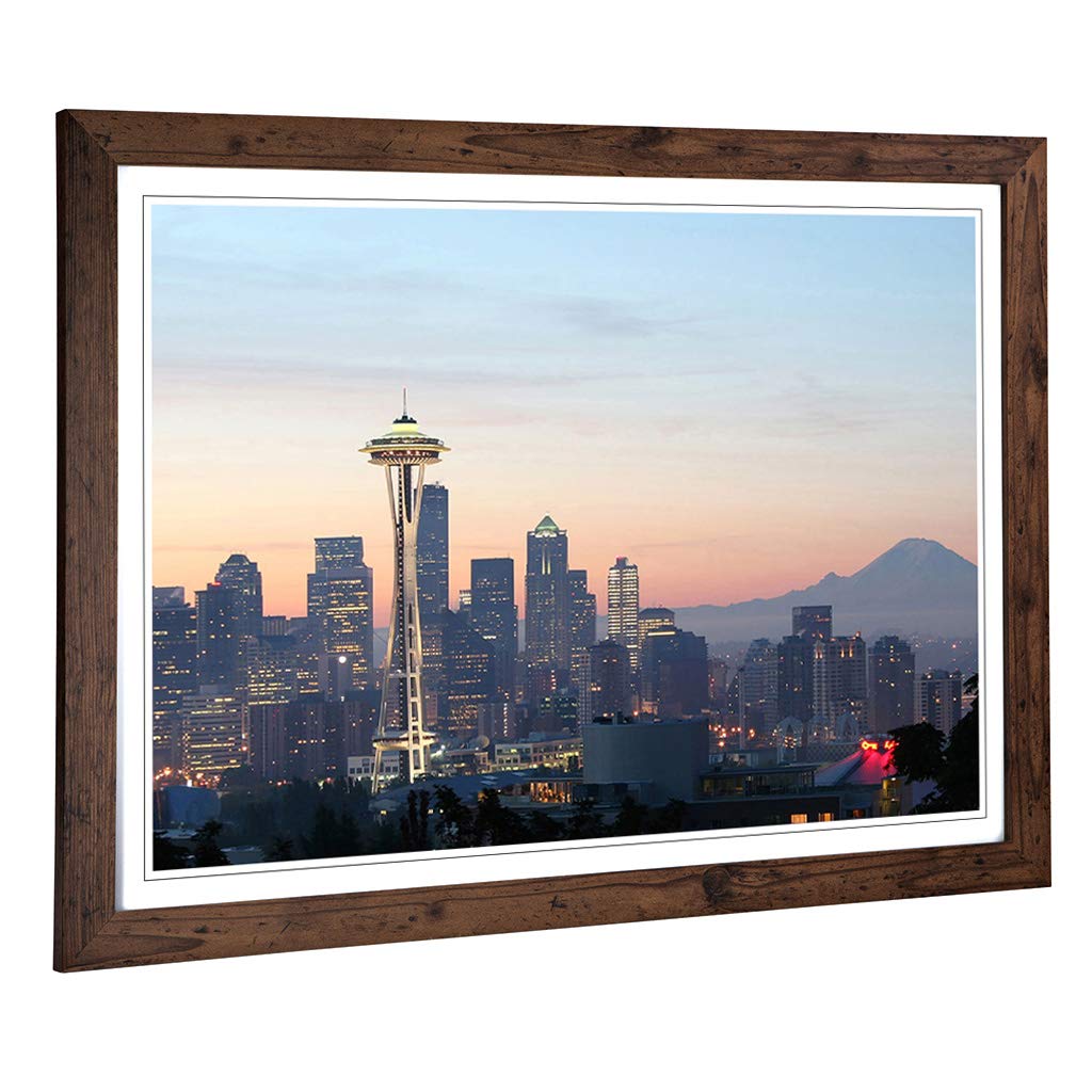 Big Box Art Framed Print of Washington Seattle Skyline USA 2 Design | Wall Art Picture | Home Decor for Kitchen, Living Room, Bedroom, Hallway, Walnut, A2 / 24.5x18 Inch / 62x45cm