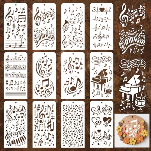 GOMAKERER 12 Sheets Musical Note Stencils for Painting, 12 Styles Reusable Musical Designs Drawing Templates Plastic Art PET Templates for Painting on Wall Wood Home Decor