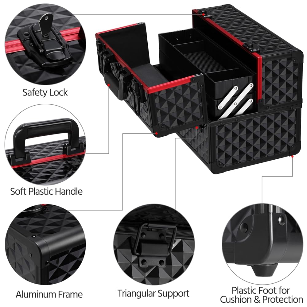 Yaheetech Maletín de Maquillaje Profesional Estuche Maquillaje Mujer Organizador de Manicura Neceser de Viaje para Esmaltes y Cosmeticos 34.7x22.2x25 cm Negro
