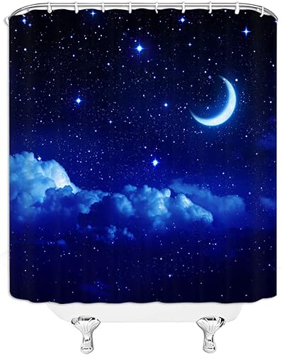 Miniatura 2 de Cortina de ducha con luna estrellada, fantasía, cielo nocturno, nube, galaxia, romántica, estrellada, azul oscuro, azul marino, negro, cortinas de