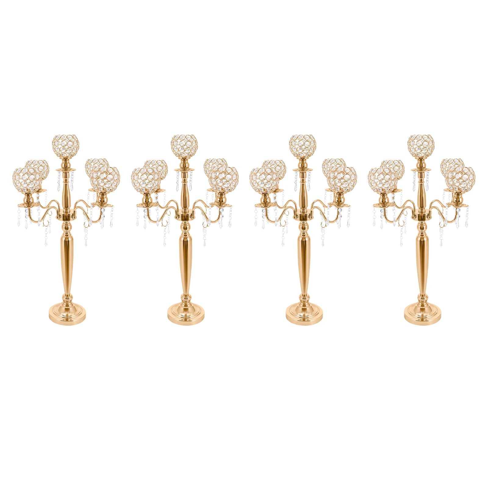 4 Pcs 5 Arm Crystal Candelabra Centerpieces for Tables, Candle Holders for Wedding Party Events Party Ceremony (Gold)