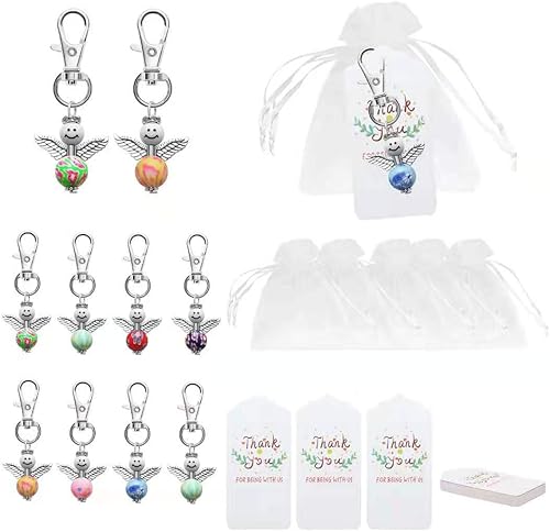 50 llaveros de ángel de la guarda con colgante de perla de ángel con etiqueta de agradecimiento y bolsas de organza blanca para niñas y niños,
