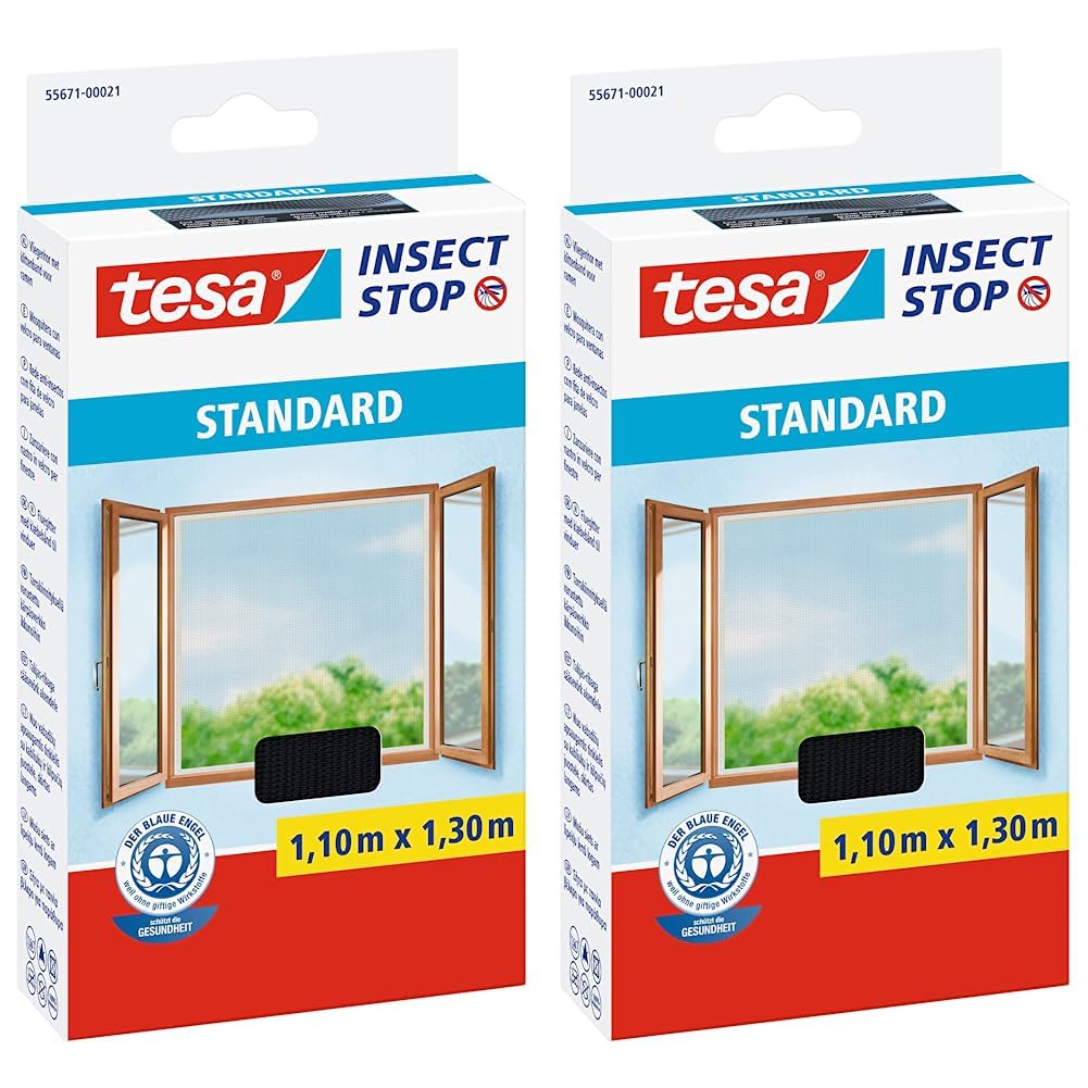 tesa Insect Stop STANDARD Fliegengitter für Fenster - Insektenschutz zuschneidbar - Mückenschutz ohne Bohren - 1 x Fliegen Netz anthrazit - 110 cm x 130 cm (Packung mit 2)
