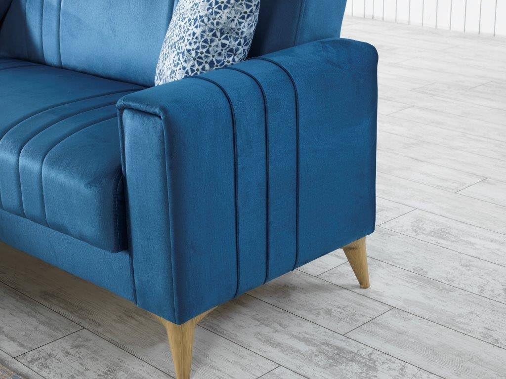 Divano Letto con penisola Miguel, Divano Contenitore ad Angolo con 3 Cuscini, Sofà in Tessuto con Apertura Click-clack, 225x151h84 cm, Blu