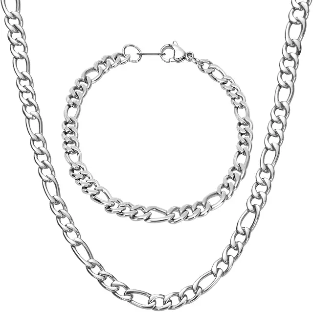 Collier Figaro Homme en Acier Inoxydable Argent - Largeur 5 mm, Longueur 46 cm