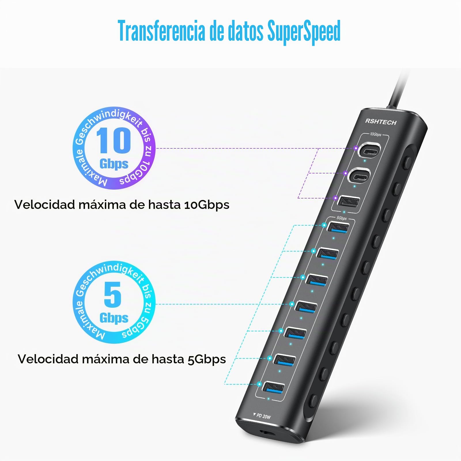 Hub USB Alimentado, RSHTECH 11 Puertos Hub USB 3.2 con Alimentación 60W(12/5A), Puerto Datos USB 10Gbps (2*Tip-C, 1*Tip-A), 7*5Gbps USB 3.0 y 20W PD, Divisor USB Aluminio con Cable 2 en 1, RSH-A11PD