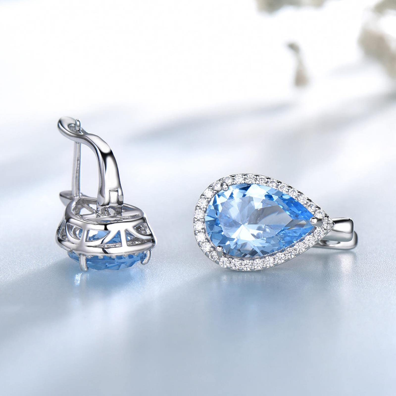 LOKILOKI Sólido 925 Pendientes De Clip Pendientes De Plata De Ley Cielo Pera Nano Topacio Azul Esmeralda Piedra Preciosa para La Joyería De Las Mujeres Regalo De Cumpleaños