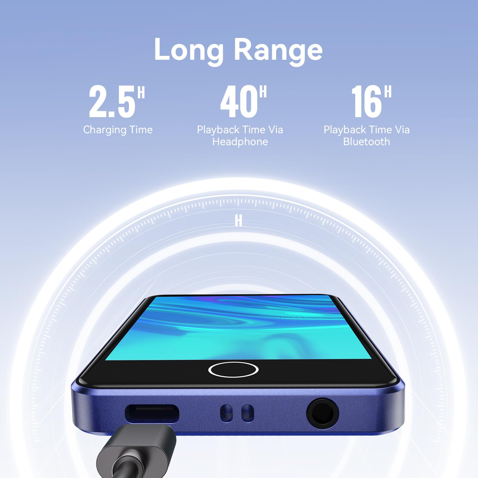AGPTEK Niebieski odtwarzacz MP3 Bluetooth 5.3, 64GB pamięci wewnętrznej rozszerzalnej do 128GB, 2.8-calowy pełnoekranowy odtwarzacz muzyczny z głośnikiem, radiem FM, słuchawkami i etui ochronnym dla
