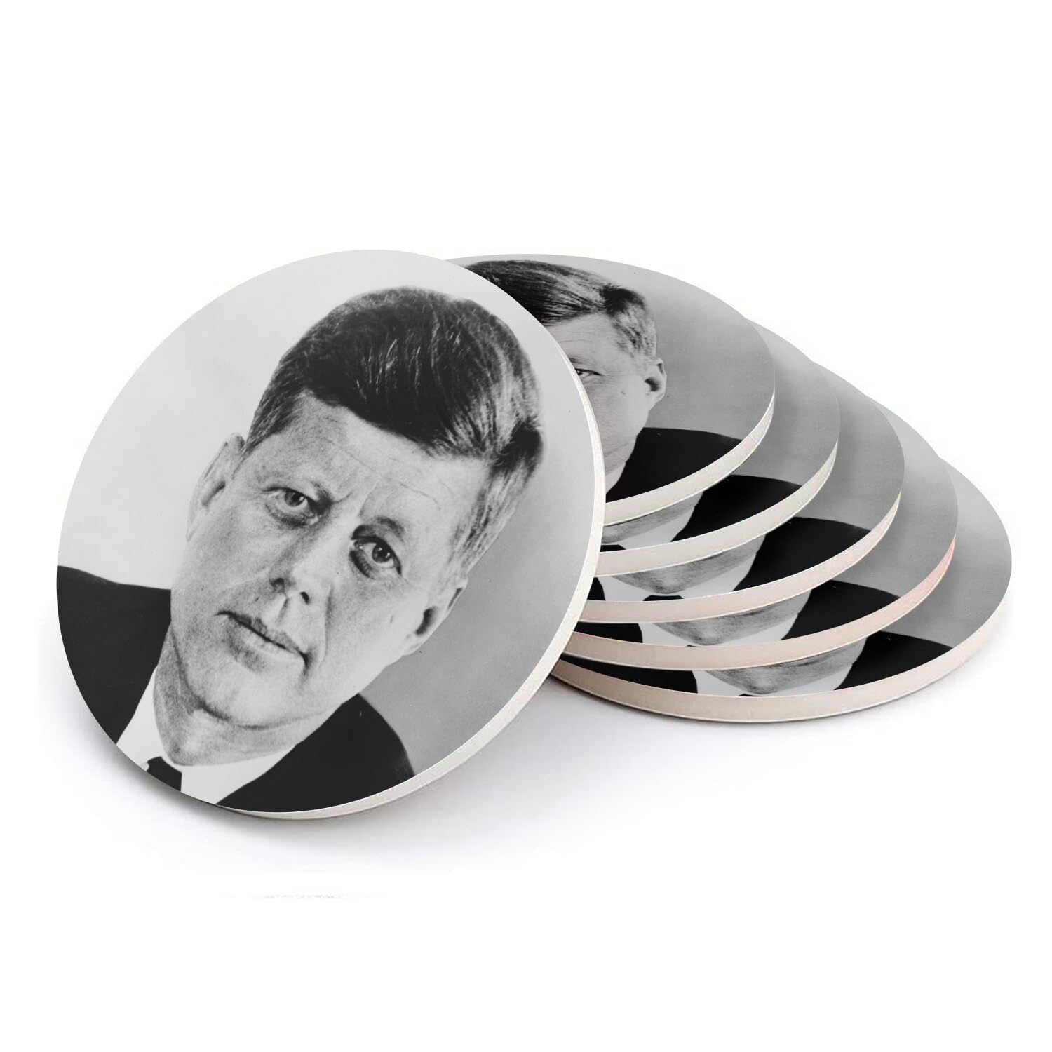 Sous verre ronds en céramique JFK President - Lot de 6 dessous de verre vintage 108x108mm