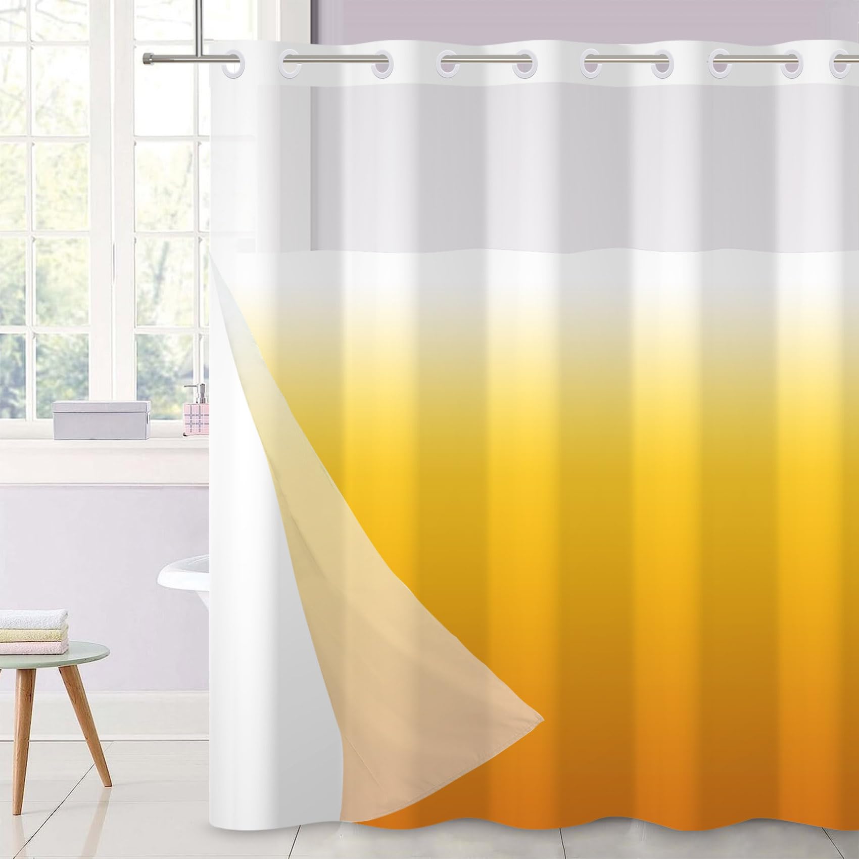 Ttincceer No Hook Shower Curtain Yellow Bathroom Curtain Ombre Paled to Yellow Modern Double Layer Shower Curtain with Snap in Liner Waterproof Bathtub Curtain 183x198cm