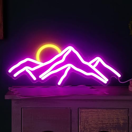 Miniatura 4 de Bonuci Letrero de neón con diseño de montañas y luna, amanecer y atardecer, alimentado por USB, luz de neón decorativa para decoración de pared,