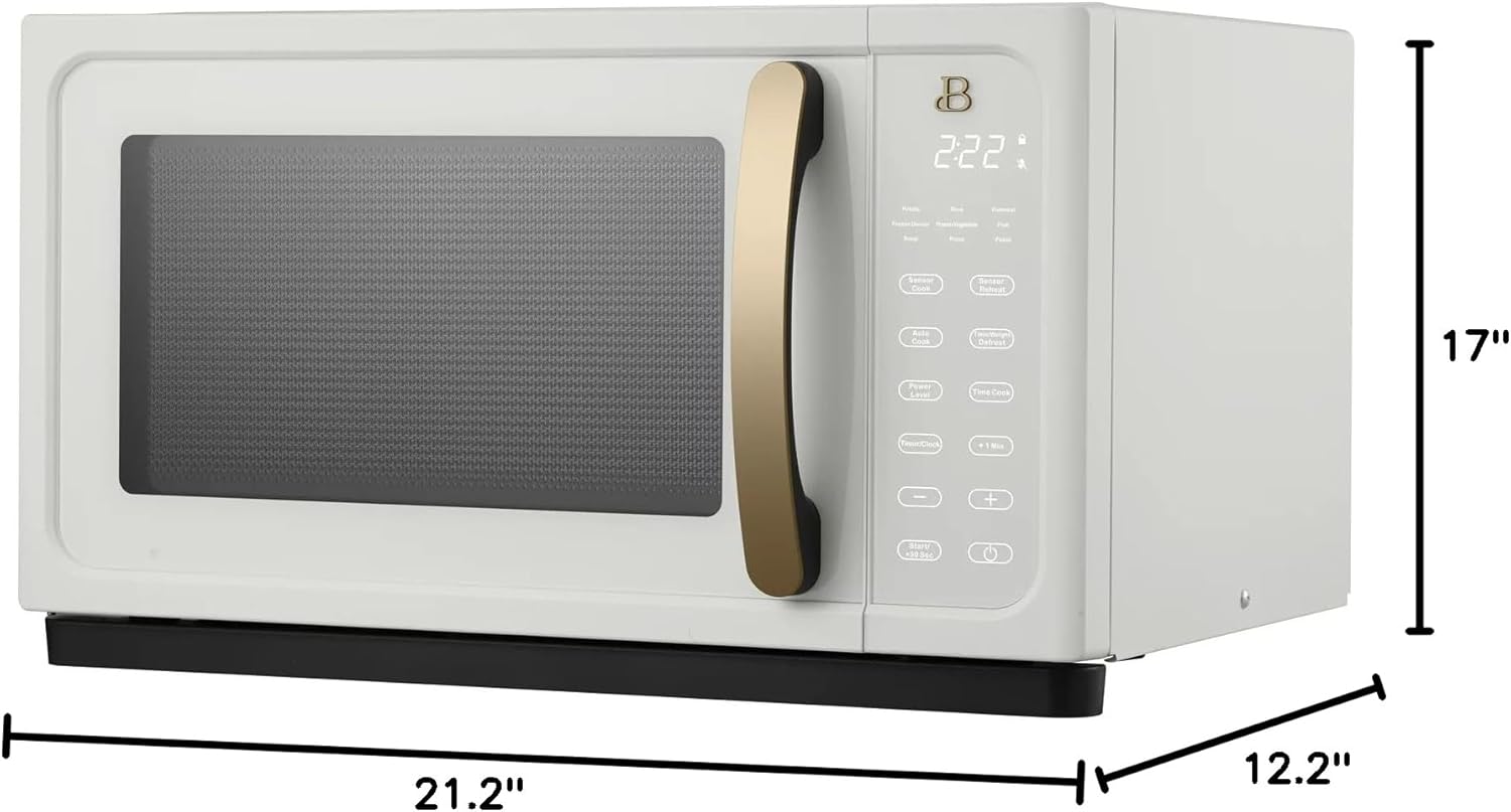 Diagram showing the dimensions of the Beautiful microwave oven: 21.2 inches wide, 12.2 inches high, and 17 inches deep.