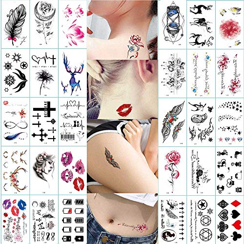 30 Sheets Flowers Temporary Tattoos Stickers, Roses,Mixed Style Body Art Temporary Tattoos Paper Waterproof Tattoo