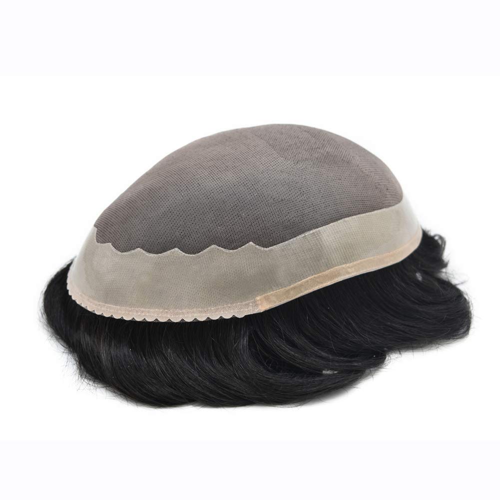 LYRICAL HAIR System Replacement Toupee for Men Fine Mono Mens Toupee Black Color Human Hairpiece PU Poly Skin Natural Hairline Wig for Men (10"x8", 1# Jet Black - 100% Light to Medium Light Density)