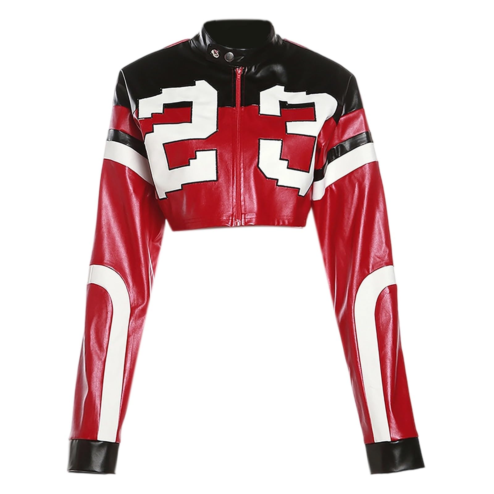 Vestes en cuir élégantes pour femme - Couleur bloquée - Veste de moto brodée - Manteau étroit en cuir synthétique pour les loisirs