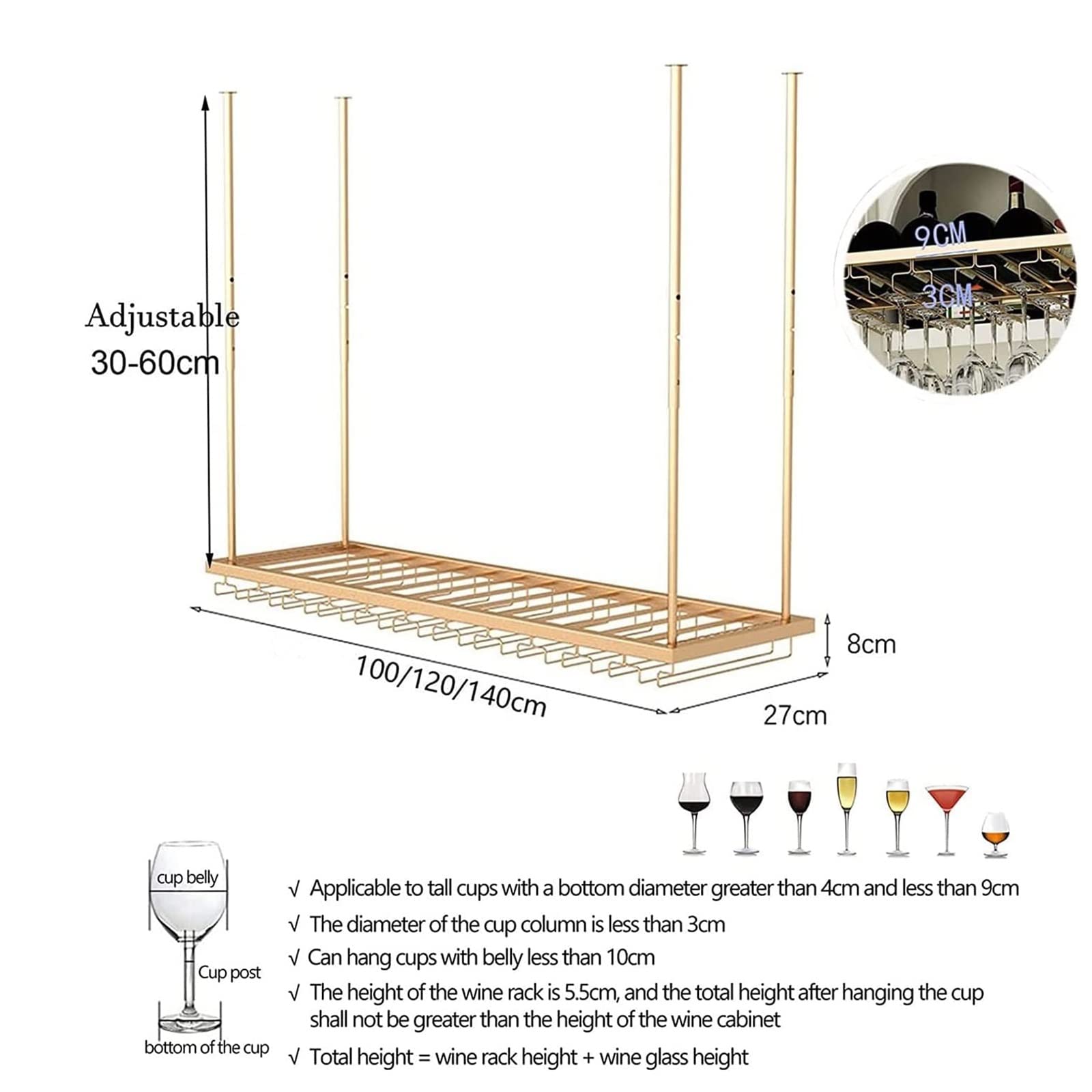 Amazon｜天井ワインラック、高さ調節可能、工業用金属製ワイン