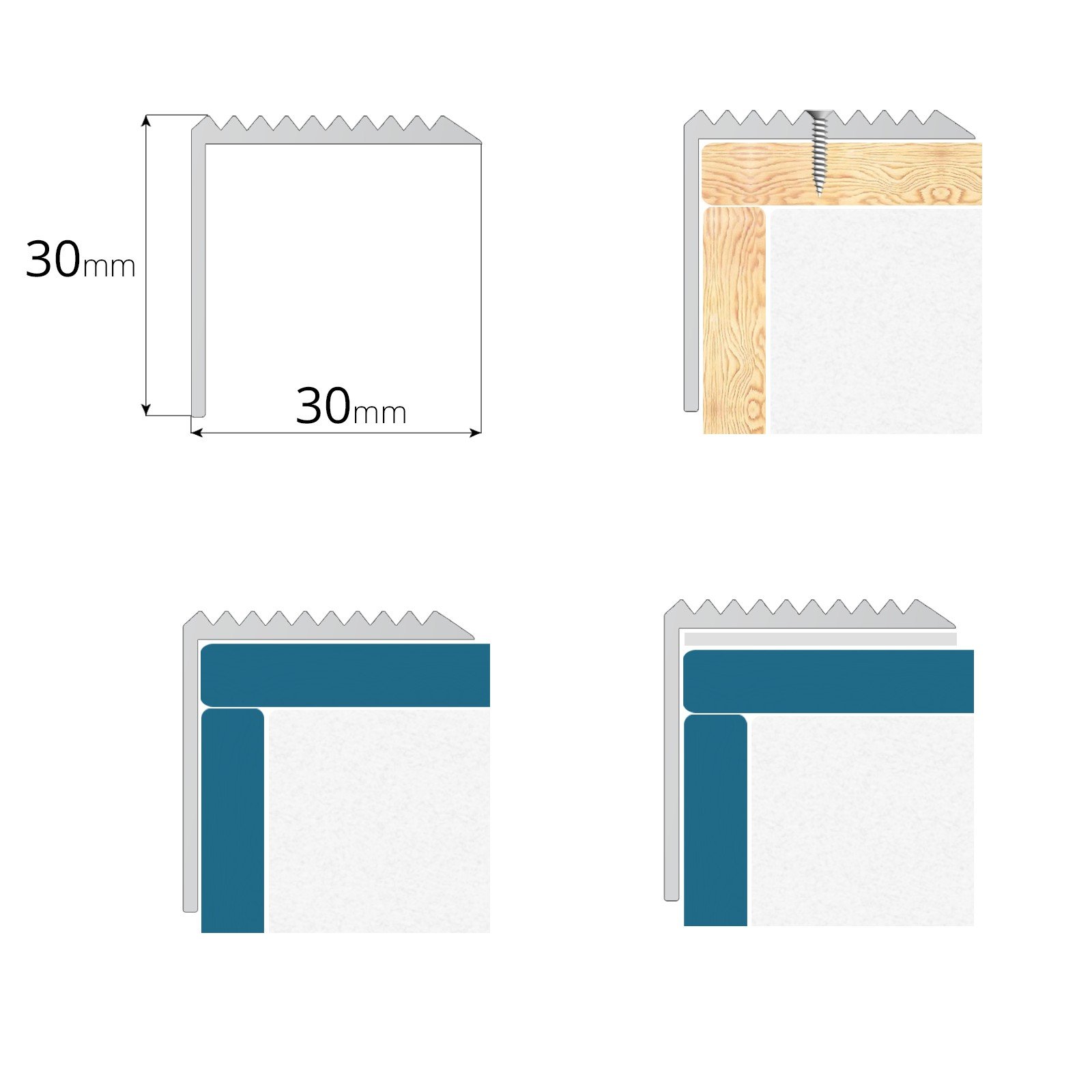 DQ-PP Winkelprofil | Profilmaße - 30mm x 30mm gebohrt inkl. Schrauben | Silber | 100cm | Aluminium | 1m | Winkelleiste | Abschlussprofil | Treppenkantenprofil | Treppenabschluss