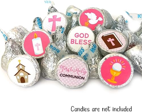 Miniatura 2 de Girl First Holy Communion Labels for Hershey Kisses Chocolates by Adore By Nat - Pink Candy Sticker Favors - Set of 240