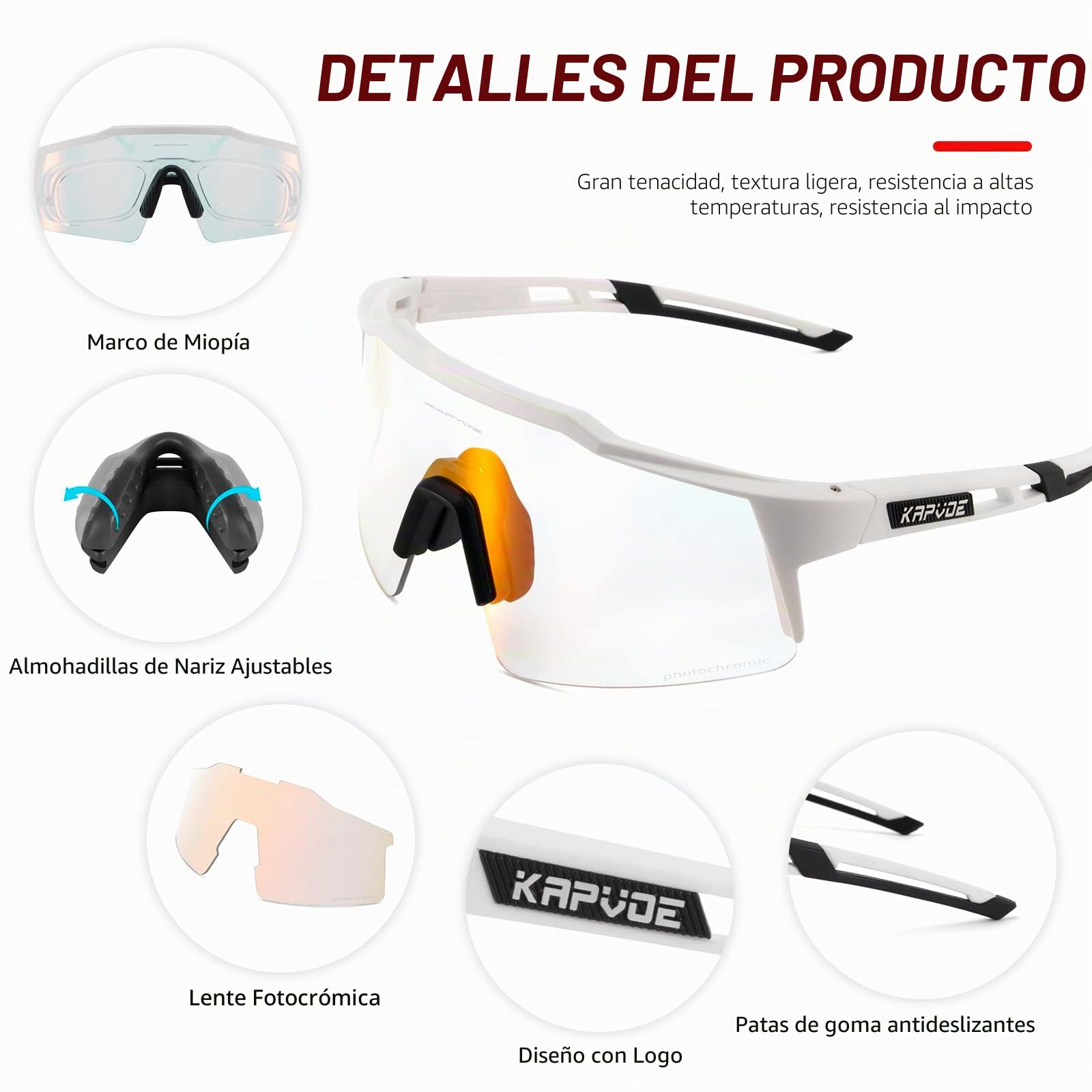 KAPVOE Gafas de ciclismo fotocromáticas UV400 hombre mujer TR90 K9023 | Gafas de ciclismo fotocromáticas, Protección UV400, Estructura TR90 y soporte interior integrado