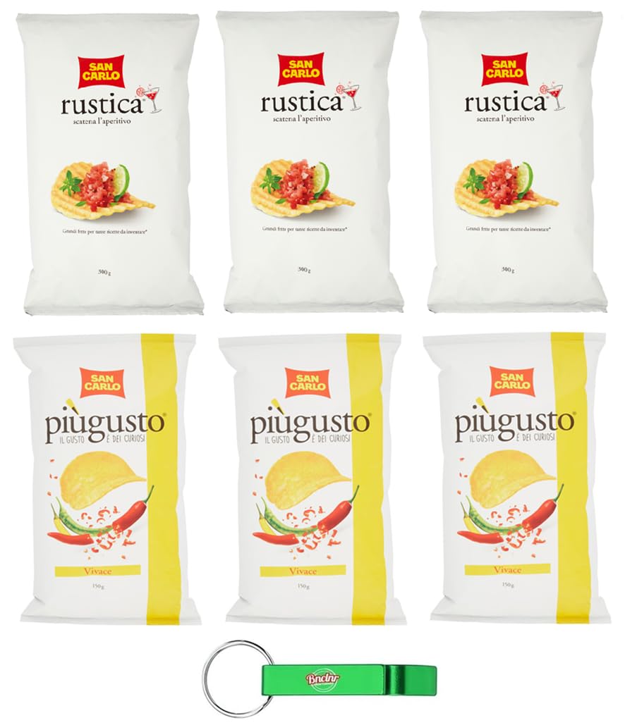 6 paquetes de prueba San Carlo Patatine, pimiento vivo, 3 x 150 g + Rustica 3 x 300 g – Bolsa para patatas fritas + llavero Beni Culinari gratis