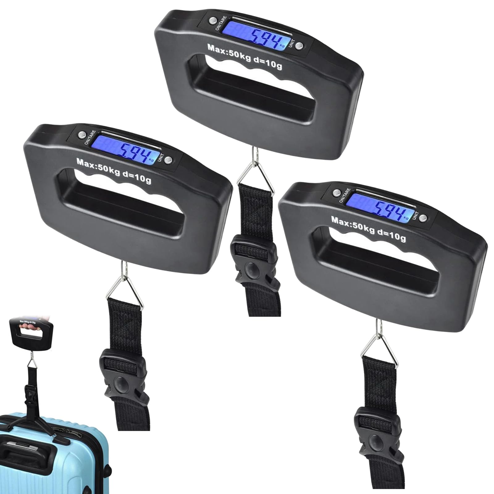 Paquete de 3 básculas de equipaje, báscula de peso de maleta de 50 kg con retroiluminación de pantalla LCD, hebilla portátil, báscula de pesca digital para viajeros y pesaje de peces (batería no