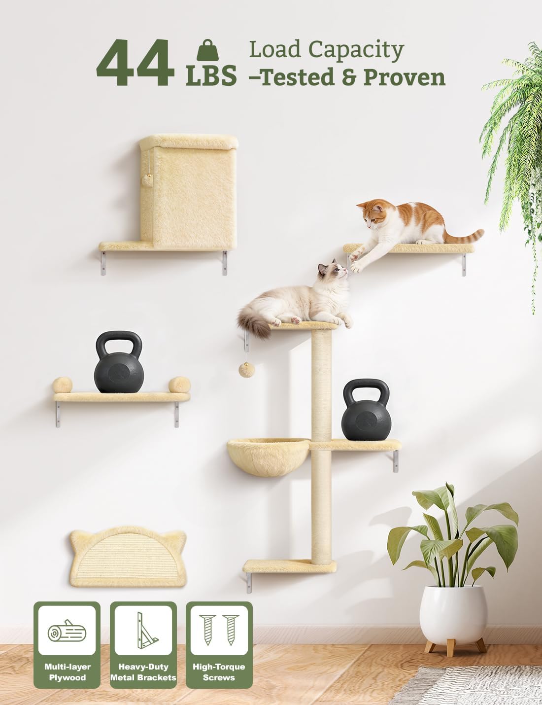 5-in-1 Cat Wall Shelves, Solid Wood & Velvet & Sisal Scratcher, 44lbs Max Load, Wall Mounted Cat Furniture for Climbers, Cat Climbing Wall System, Fits Drywall & Solid Walls - Beige