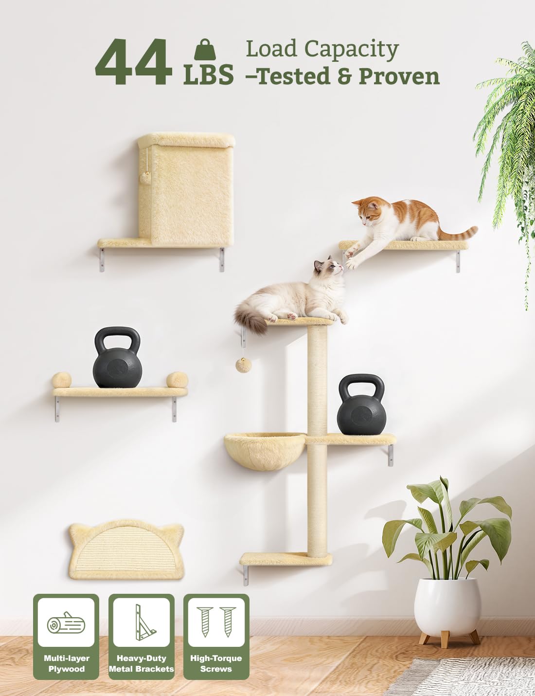 5-in-1 Katzen kletterwand Set mit Katzenbaum Hängematte,Katzen Wandelemente,Katzentreppe Wand, Massivholz Katzenwandmöbel Set für Katze Catwalk - Beige