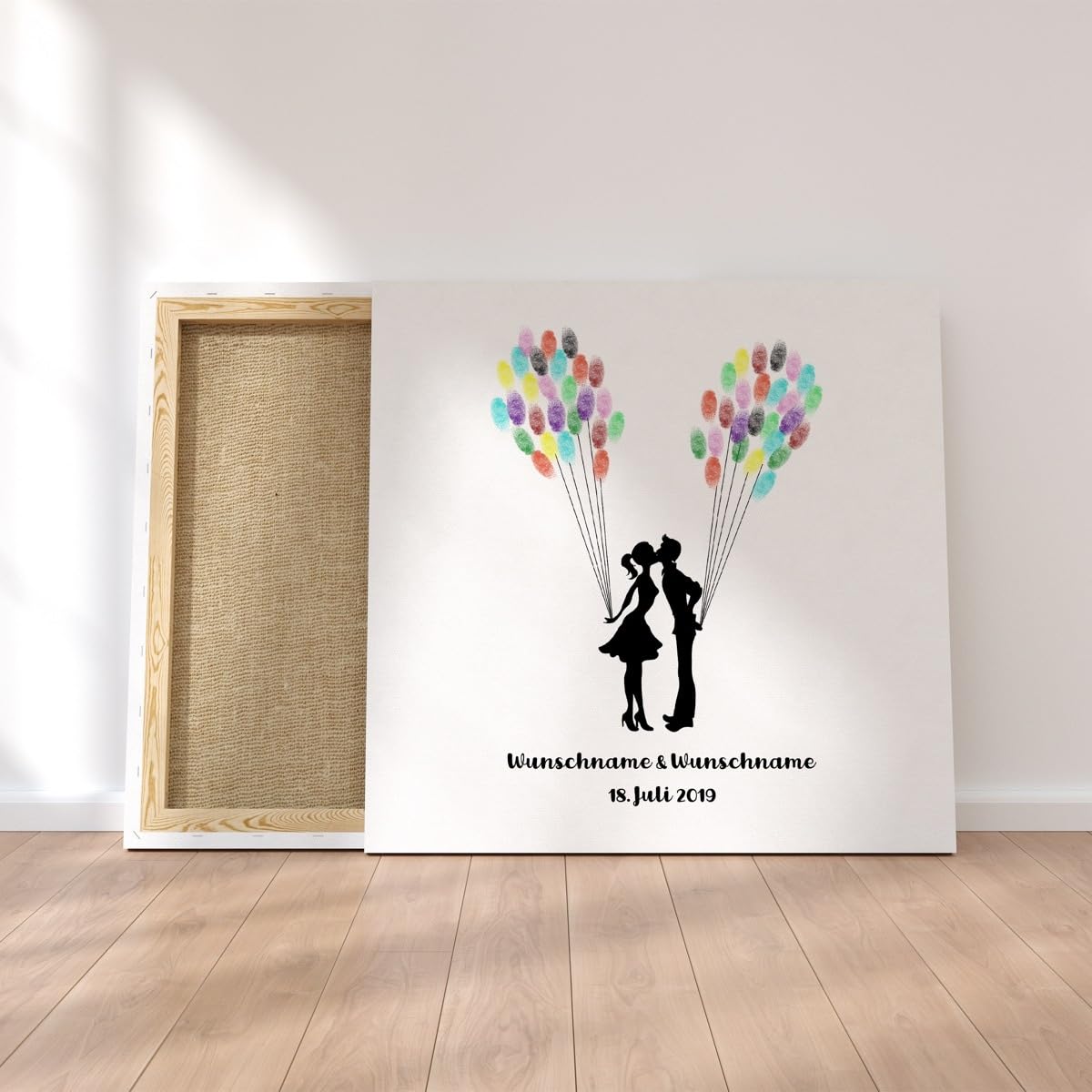 Madyes Tela Matrimonio impronte digitali Libro degli ospiti personalizzato Albero Bacio per la coppia di sposi come regalo, decorazione matrimonio, nome con data. 50 x 50 cm grande su telaio in legno