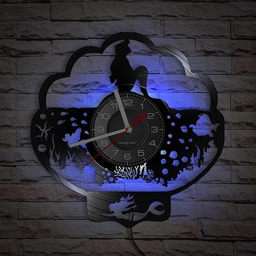 Reloj de pared de vinilo, un reloj de pared en forma de sirena con función de luz nocturna de 7 colores, es un regalo para niños.