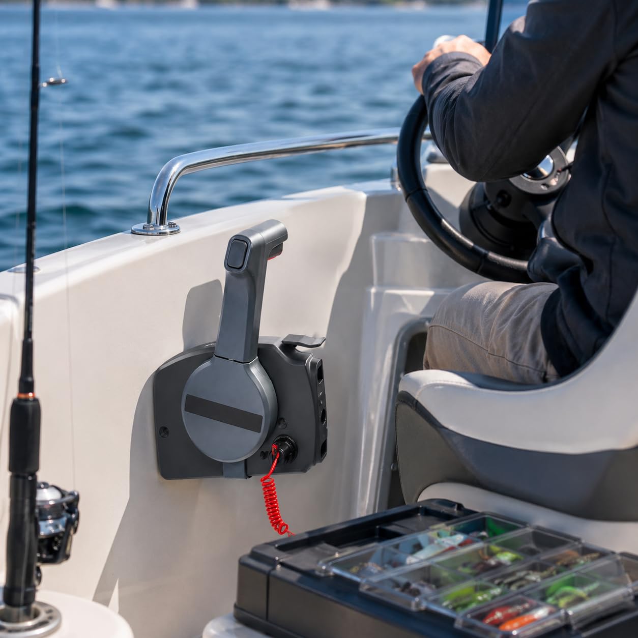 Caja de control remoto fuera de borda para barco, mando a distancia fuera de borda con cuerda de seguridad, caja de control de acelerador, montaje lateral para barco de pesca, yate, lancha motora