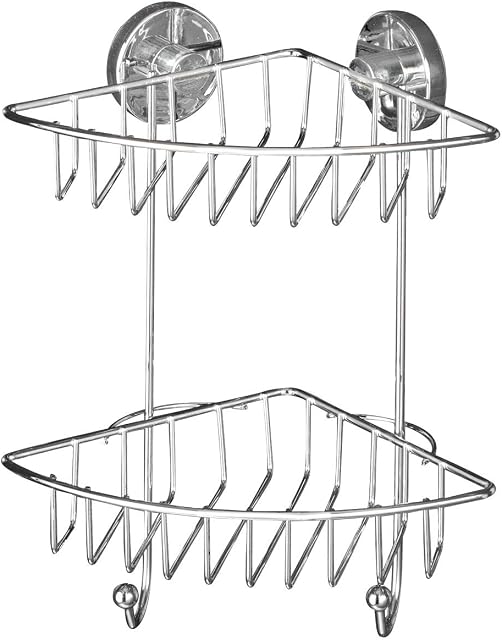 WENKO Vacuum-Loc 2-Tier Corner Rack Bari-Fixing Without Drilling, Steel, Silver Shiny, 16 x 22.5 x 29.5 cm