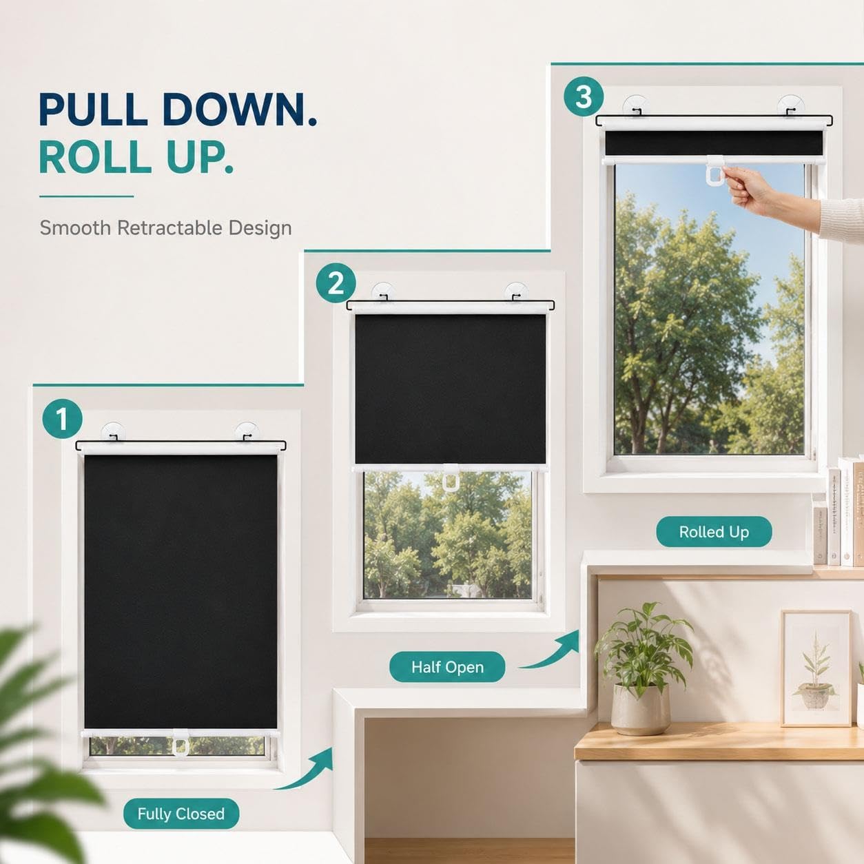 Estor Opaco Sin Taladrar para Ventana, Fijación con Ventosas, Enrollable Retráctil de Bajada, Privacidad para Dormitorio, Oficina, Autocaravana, Piso, Interior, Negro(W 70 x 180 cm)