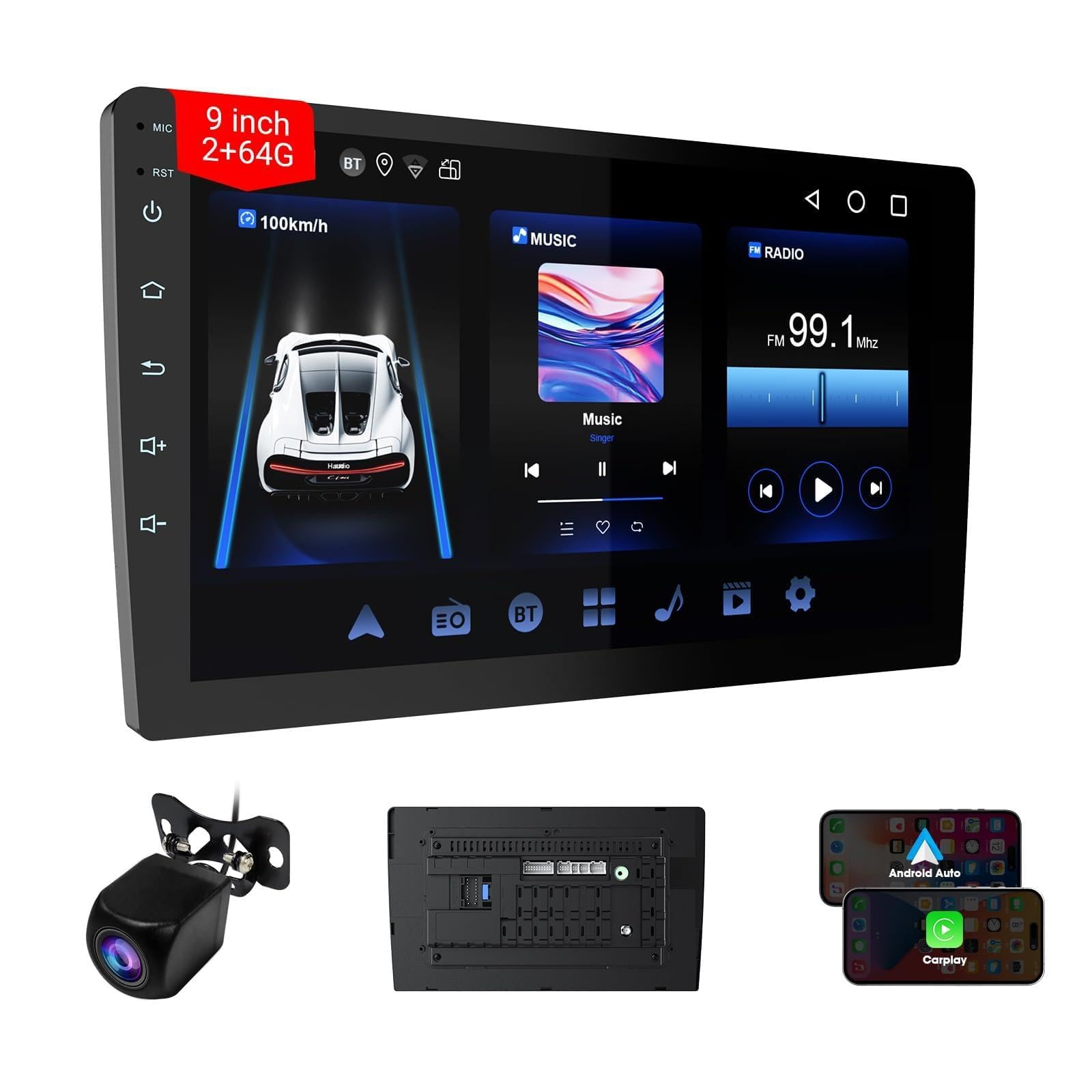 Haudio Autoradio da 9 Pollici, Autoradio 2 DIN con Apple Carplay Wireless & Android Auto, Telecamera Retromarcia HD, Navigazione GPS, Mirror Link, Radio SWC/AM/FM Adatta Maggior Delle Auto 2+64 GB