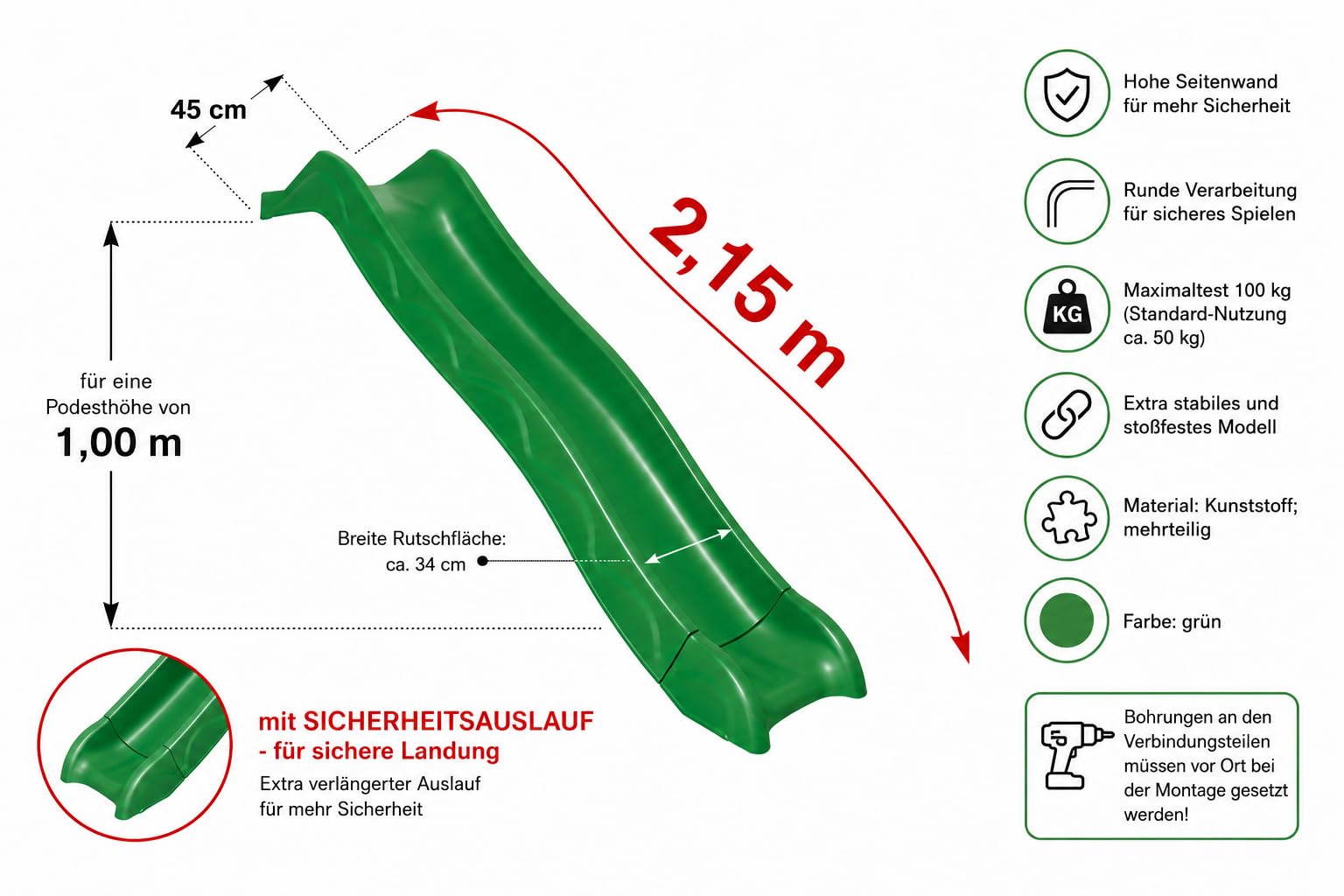 Anbaurutsche Wellenrutsche 2,15 m Grün für Podesthöhe 1,0 m aus Kunststoff mit Sicherheitsauslauf, hohe Seitenwände, stabile Kinderrutsche für Spielturm, Garten, bis 100 kg belastbar