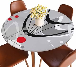 Atomic Pattern Round Fitted Tablecloth Mid Century Modern Lines Stripes Dots Red Grey Elastic Edge Tablecloth Waterproof Oilcloth Table Cover for 40"-44"