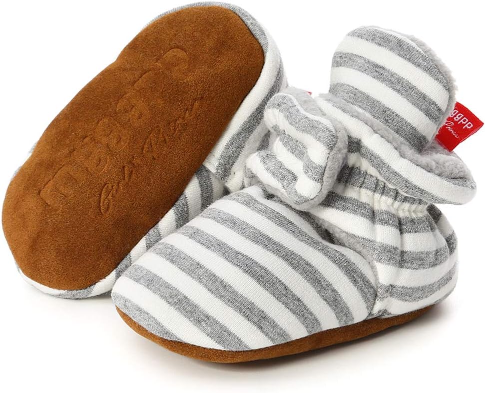 Sawimlgy Newborn Infant Baby Girl Boy Cotton Booties Stay On Sock Slippers Soft Shoes Non-Skid Ankle Boots With Grippers Toddler Crib Winter Shoe First Walker Birthday Shower Gift